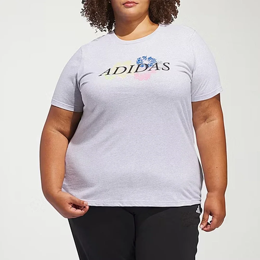 NEW Adidas Women's 2x Gray Floral Logo Graphic Tee Short Sleeve Shirt - Picture 1 of 6
